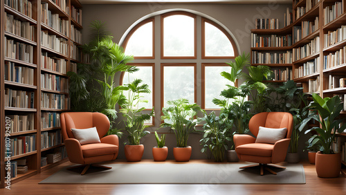 A cozy reading corner in a public library with potted plants