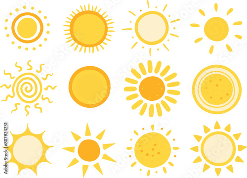 Adobe Illustrator ArtworkCute sun. Hand drawn doodle yellow summer suns. Vector icons with sun rays isolated on white background