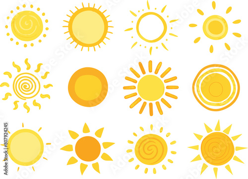 Cute sun. Hand drawn doodle yellow summer suns. Vector icons with sun rays isolated on white background