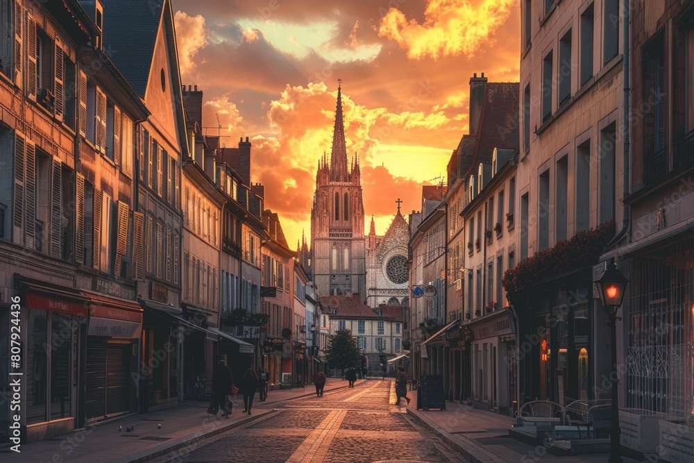 Naklejka premium Panoramic view of a historic European city, cobblestone streets, quaint buildings, and a towering cathedral against a sunset sky