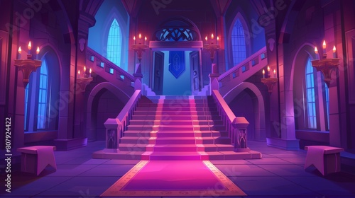 Imaginative modern illustration of medieval castle interior design with carpet on staircase, chandeliers with candles, gothic door upstairs, with fairytale background. © Mark