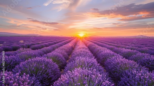 sunset over lavender field with purple flowers and blue sky