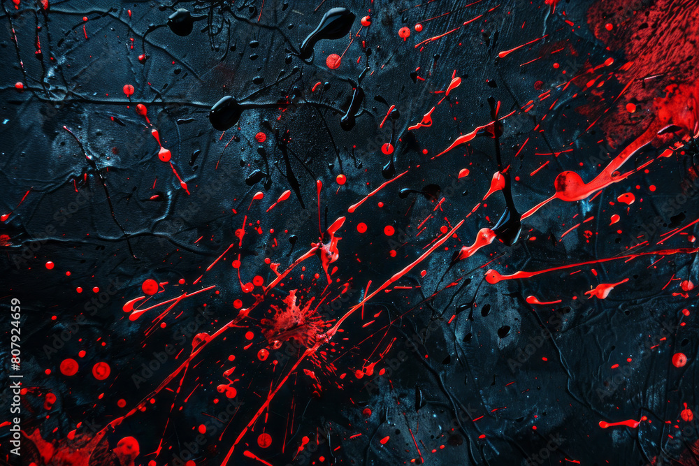 Vibrant red and black paint splatter on textured background