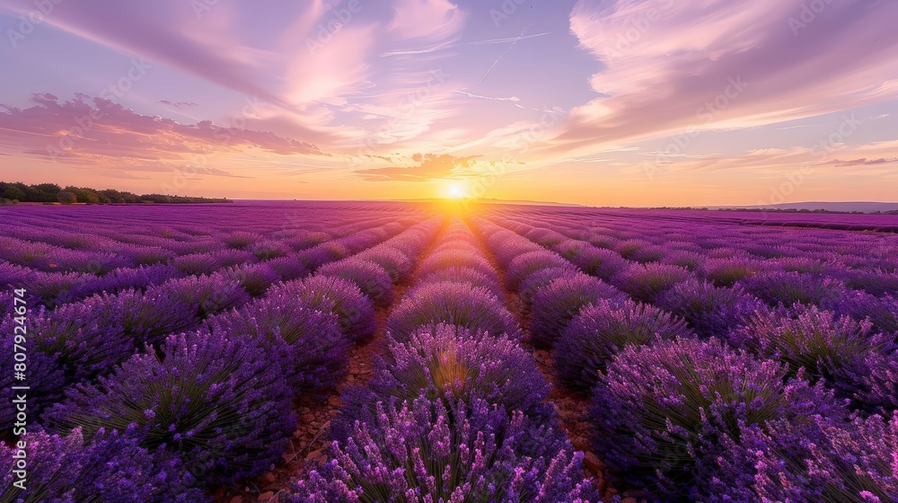 sunset over lavender field with a green tree and purple flower in the foreground, under a blue sky with a white cloud