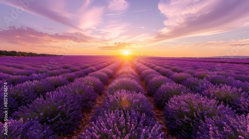 sunset over lavender field with a green tree and purple flower in the foreground  under a blue sky with a white cloud