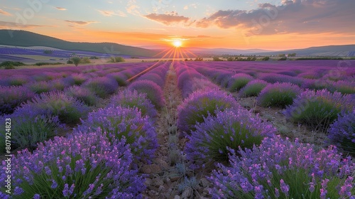 sunset over lavender field with a green tree in the foreground and an orange sky in the background
