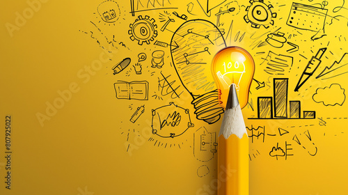 Conceptual Image of Light Bulb with Creative Sketches photo