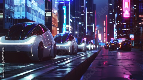 A line of futuristic autonomous vehicles navigating through a cityscape of towering skyscrapers,with sleek architecture and futuristic landmarks defining the urban skyline #807925068