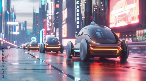 A line of futuristic autonomous vehicles navigating through a cityscape of towering skyscrapers,with sleek architecture and futuristic landmarks defining the urban skyline #807925235