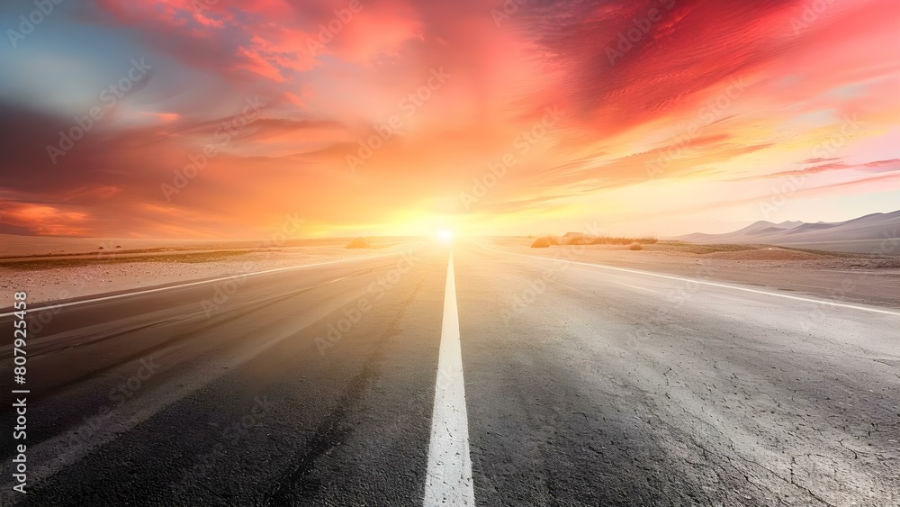 Naklejka premium Embarking on a Journey of Self-Discovery: The Allure of the Sunlit Desert Highway. Concept Desert Landscapes, Self-Discovery, Sunlit Highways, Adventure, Personal Growth