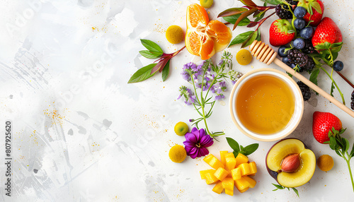 Closeup with bowl of honey, ripe fruits, flowers and plant leaves. Rosh hashanah (Jewish New Year)