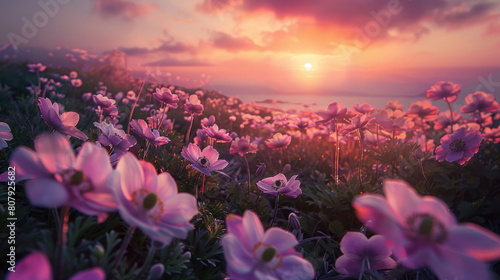 A breathtaking vista of a sunset over a field of anemone flowers, their delicate petals fluttering in the evening breeze.