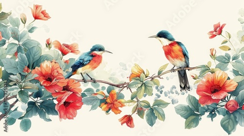 tropical birds among exotic flowers on a branch © YOGI C