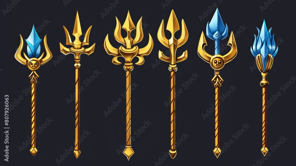 UI set of cartoon fantasy weapons. Devil trident and spear cartoon illustration. Gold mythology pitchfork for illustration of demons. Blue neptune weapon with arrow for magician illustration. Warlock UI set of cartoon fantasy weapons. Devil trident and spear cartoon illustration. Gold mythology pitchfork for illustration of demons. Blue neptune weapon with arrow for magician illustration. Warlock