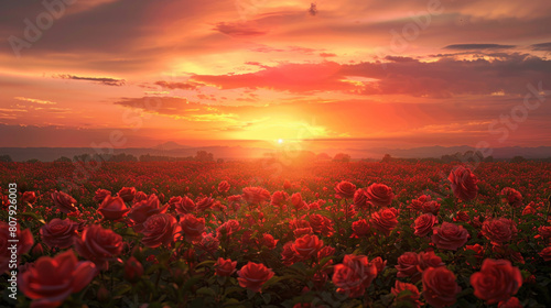 A breathtaking vista of a sunset over a field of roses  their velvety petals catching the last rays of the sun as it dips below the horizon.