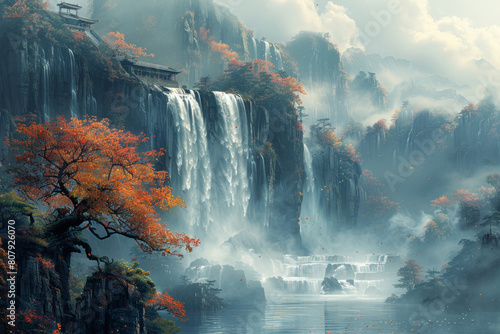 Majestic Chinese landscape painting with waterfall and cliffs