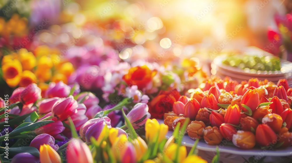 A breathtaking vista of a sunset over a field of tulips, their vibrant colors shimmering in the last rays of sunlight before nightfall. A breathtaking vista of a sunset over a field of tulips, their vibrant colors shimmering in the last rays of sunlight before nightfall.