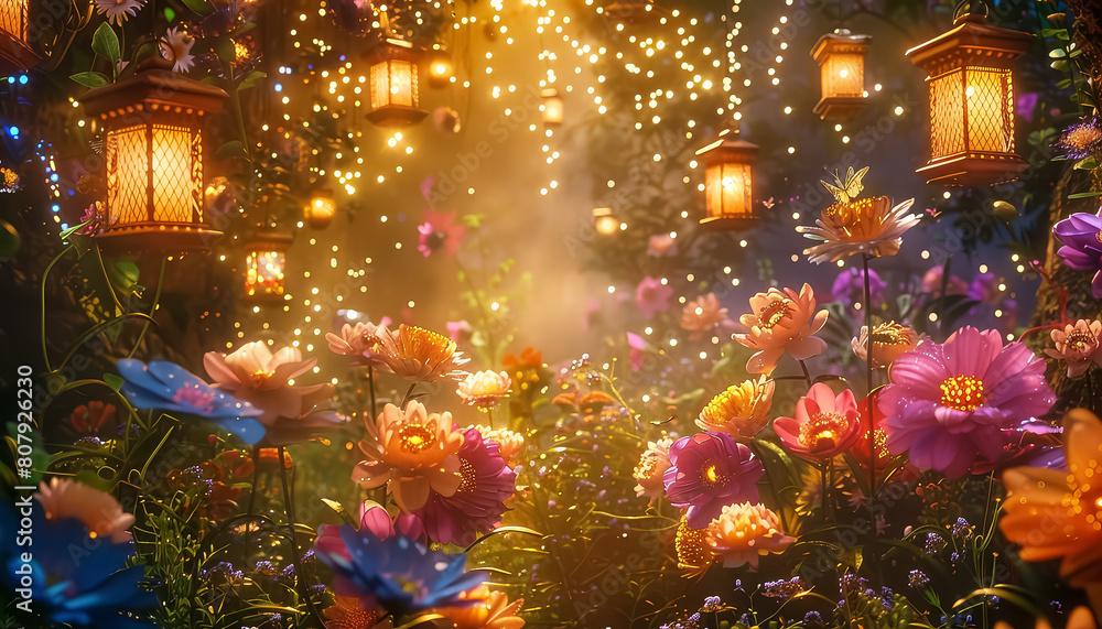 Two fairies are dancing in a forest with flowers and lanterns