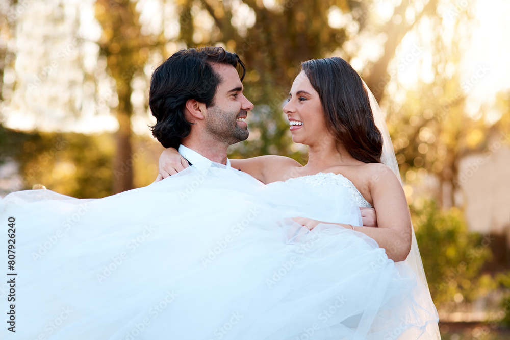 Outdoor, happy couple and celebration in wedding day with commitment, love and trust of bride and groom. Marriage, man and woman with eye contact, support or life partner for married people in nature Outdoor, happy couple and celebration in wedding day with commitment, love and trust of bride and groom. Marriage, man and woman with eye contact, support or life partner for married people in nature