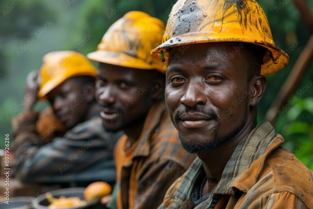 A group of construction workers in yellow hard hats pose on a site with a focus on one smiling man A group of construction workers in yellow hard hats pose on a site with a focus on one smiling man