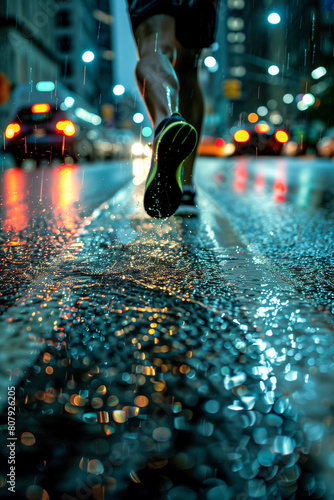 A person is running in the rain with their feet splashing in puddles (ID: 807926205)