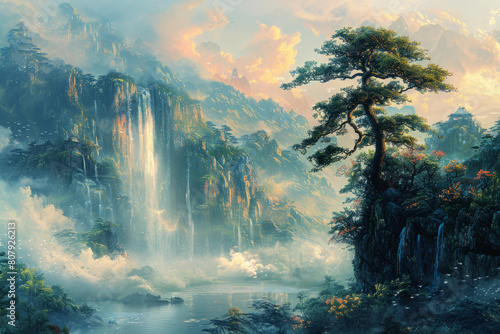Majestic Chinese landscape painting depicting cliffs and waterfalls