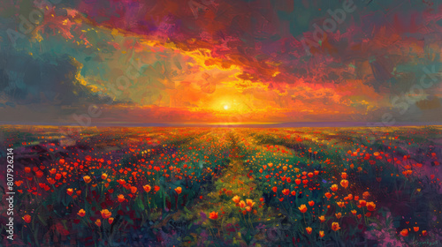 A breathtaking vista of a sunset over a field of tulips, their vibrant colors shimmering in the last rays of sunlight before nightfall.