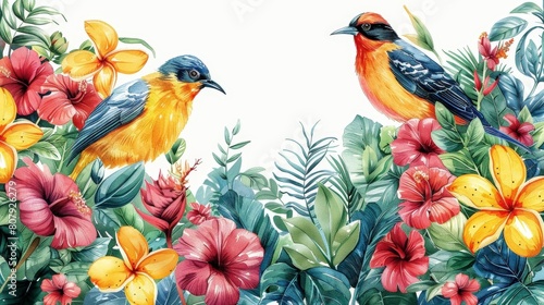 tropical birds among exotic flowers on a isolated background