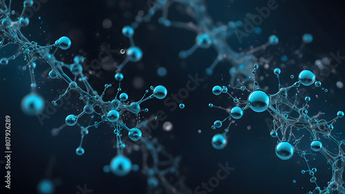 Molecules in abstract space Science and medical background  A blue background with bubbles and water droplets.