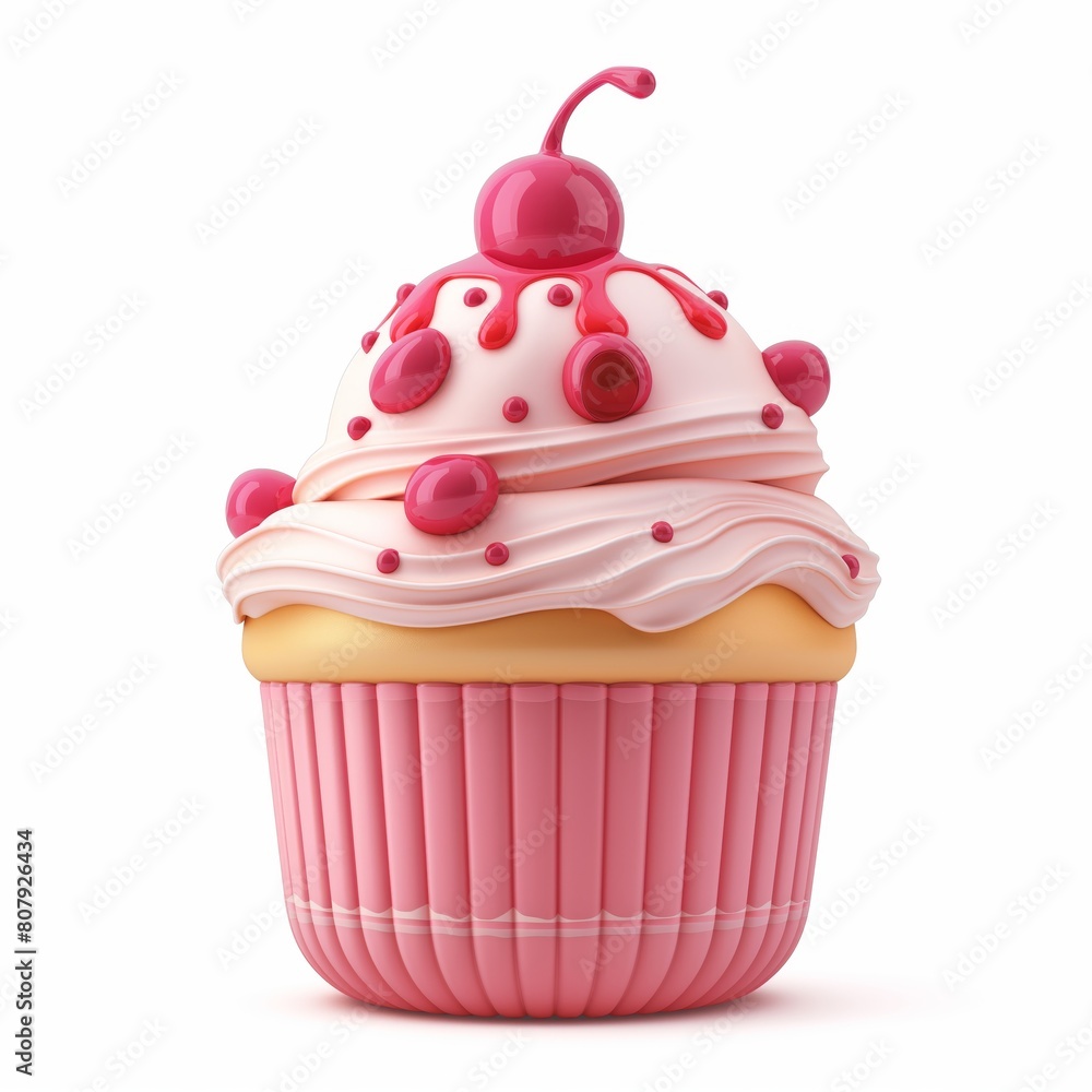 Cute Cherry Cupcake Cartoon Clay Illustration, 3D Icon, Isolated on white background