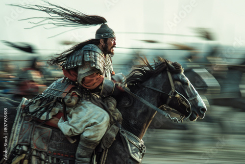 Mongol warrior rides horse in traditional armor at full speed