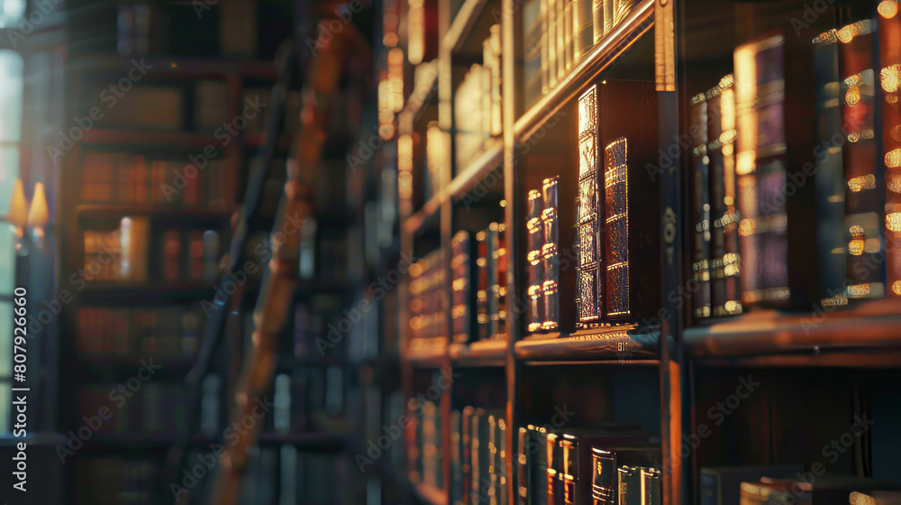 Sunlit antique books on shelves in a classic library Sunlit antique books on shelves in a classic library