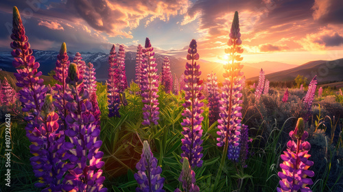 A captivating view of a sunset over a field of lupine flowers, their tall spikes adorned with clusters of vibrant blooms. photo