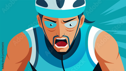 A closeup of a triathletes strained face as they pedal tirelessly on their bike in the final stages of the race.. Vector illustration photo