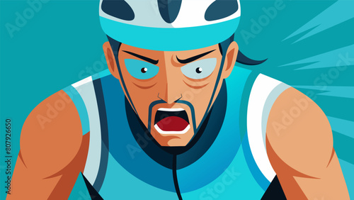 A closeup of a triathletes strained face as they pedal tirelessly on their bike in the final stages of the race.. Vector illustration