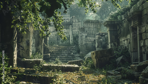 A dark, overgrown graveyard with moss growing on the stone walls