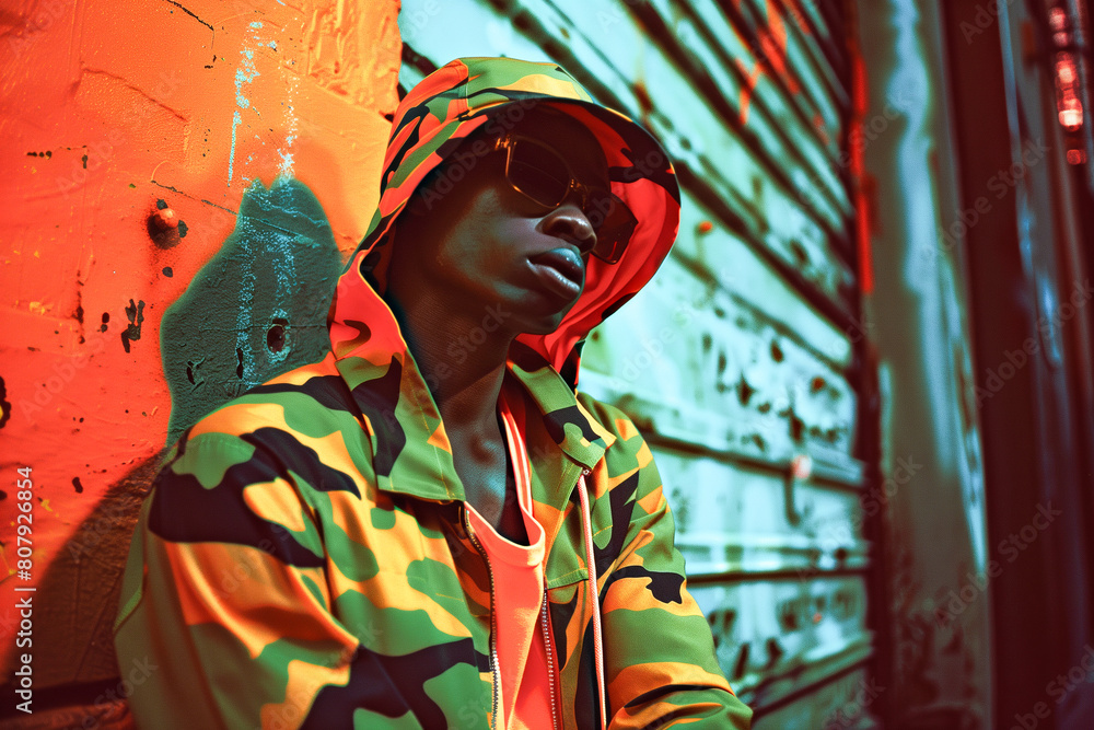 Obraz premium A man in a camo jacket stands in front of a wall