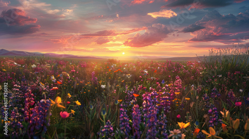 A captivating view of a sunset over a field of wildflowers  their myriad colors blending together in a riot of natural beauty.