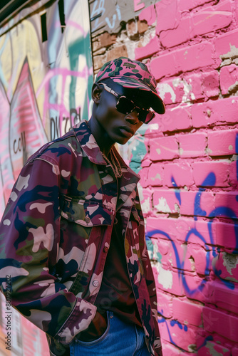 A man in a camo jacket stands in front of a wall covered in graffiti (ID: 807927202)