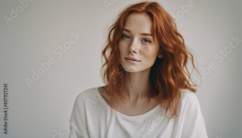 portrait of a happy and attractive girl with freckles and natural red hair, isolated white background
 photo