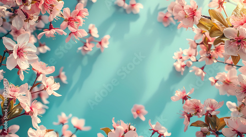 Beautiful spring nature background with lovely blossom, petal a on turquoise blue background , top view, frame. Springtime concept. --ar 16:9 --s 250 
