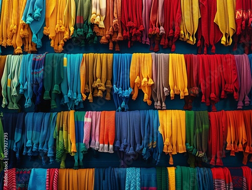 A vibrant collection of scarves in various colors neatly arranged on shelves © rookielion