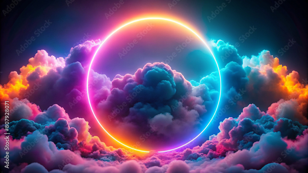 3d render, abstract cloud illuminated with neon light ring on dark night sky. Glowing geometric shape, round frame 3d render, abstract cloud illuminated with neon light ring on dark night sky. Glowing geometric shape, round frame