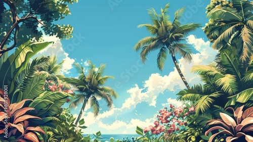 tropical paradise with palm trees and flowers under a blue sky with white clouds
