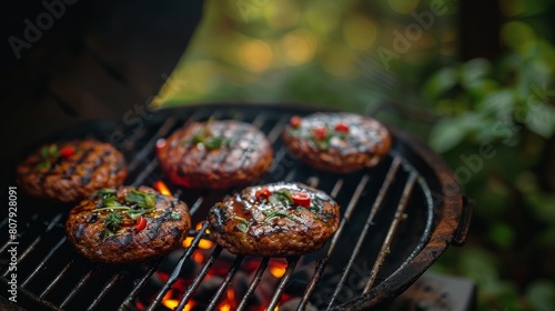 Veggie burger patties on a grill. Generative AI.
