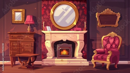 Old Victorian living room with fireplace and fireplace furniture cartoon modern set. Elegant antique royal english lounge home with wooden table, golden mirror, armchair and drawers illustration. photo