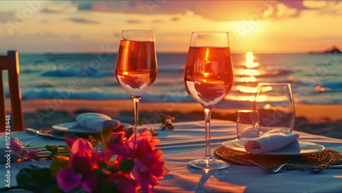 Summer love. Romantic sunset dinner on the beach. Table honeymoon set for two with luxurious food, glasses of rose wine drinks in a restaurant with sea view. Happy valentines day. Ai Footage. photo