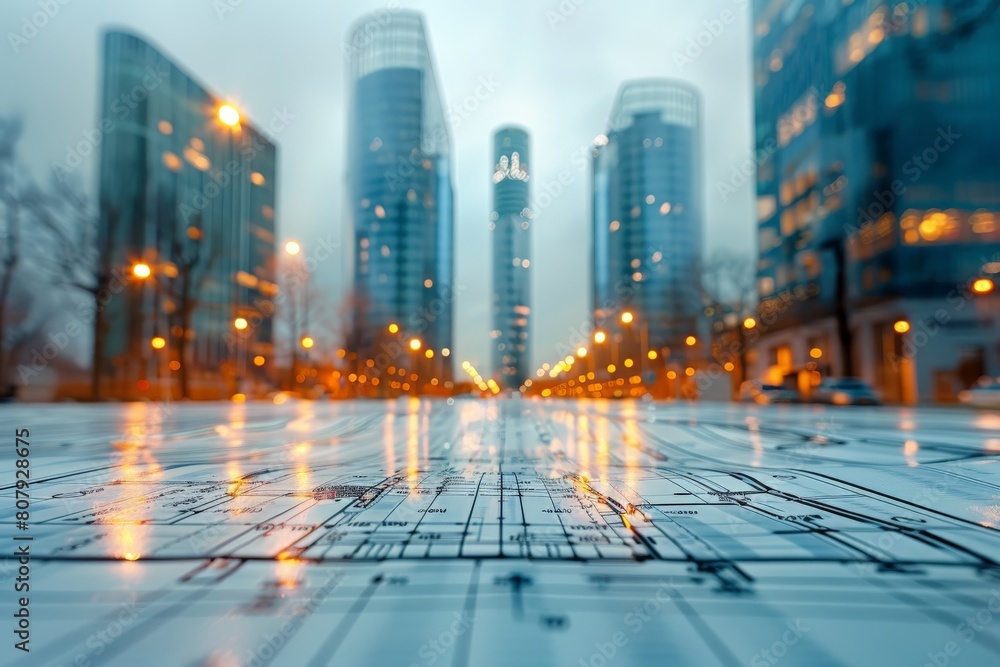 Fototapeta premium City lights and buildings reflected on a wet surface with a blurry background for an urban feel