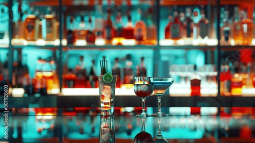 Colorful alcoholic drinks and cocktails on the reflective surface of the bar counter. Blurred shelves with bottles on the background