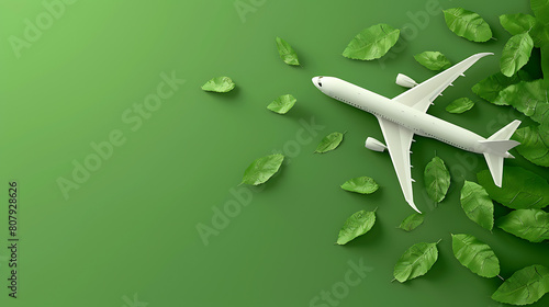 White airplane model emitting fresh green leaves green background. Sustainable travel, clean and green energy, biofuel for aviation industry concept photo